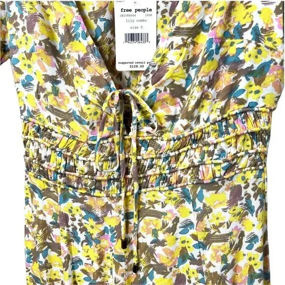 FREE PEOPLE NWT Forget Me Not V Neck Floral Lined Ruched Sleeve Mini Dress 0 - Picture 7 of 12